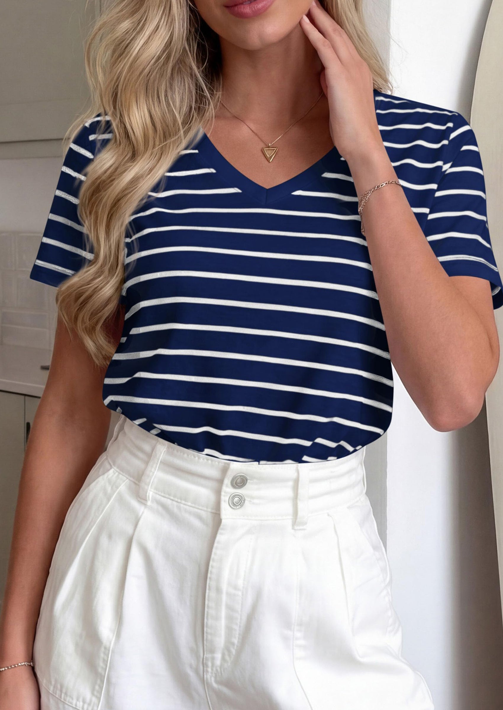 PRETTYGARDEN Short Sleeve Shirts for Women Spring V Neck Cute Tops Casual Striped Shirt Knitted Tees Summer Outfits PRETTYGARDEN