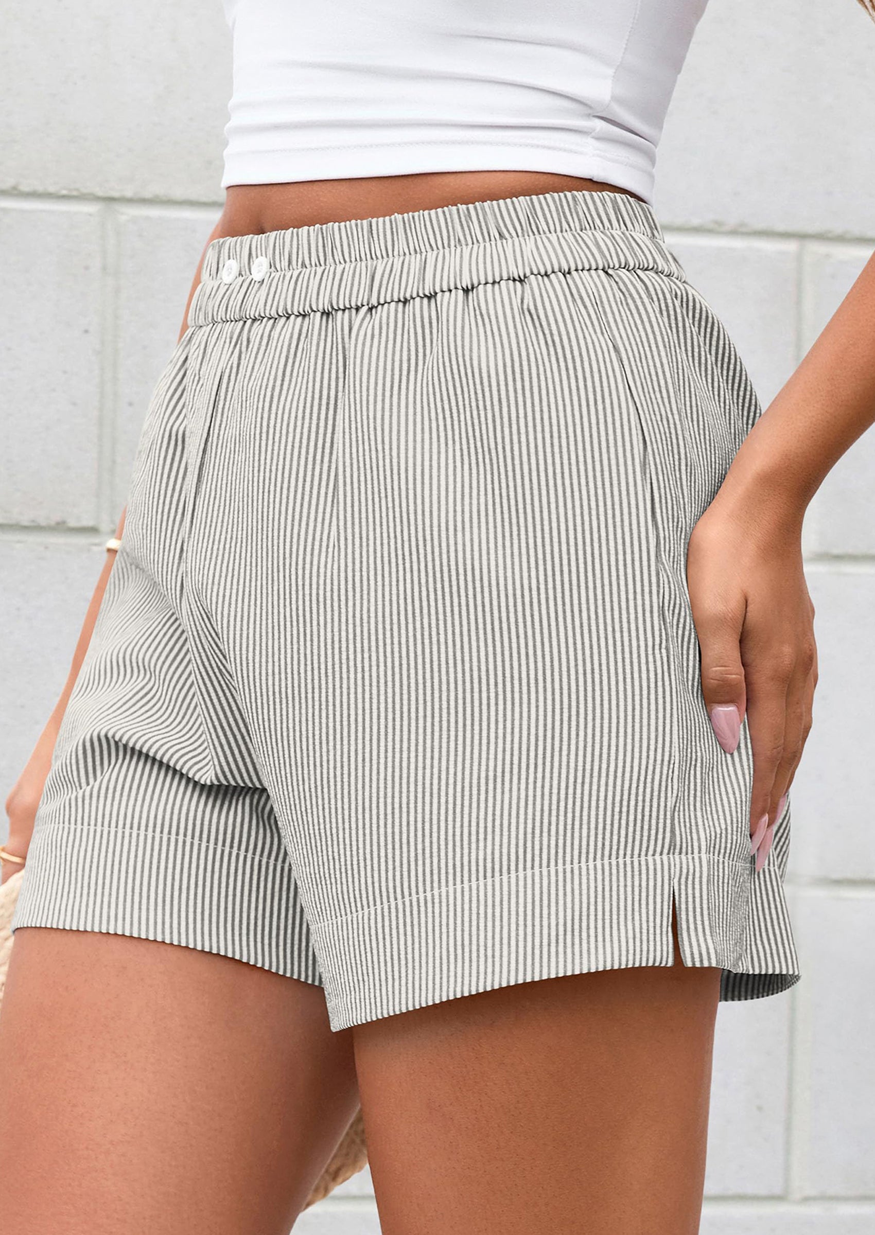 PRETTYGARDEN Women Striped Shorts Casual Elastic Waist  Bottoms Beach Shorts