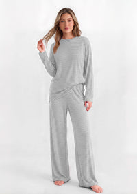 PRETTYGARDEN Womens Striped Lounge Set Fall Winter 2 Piece Sets | Side Slit Long Sleeve T-Shirts & Wide Leg Pants, Matching Pajama Sets, Comfy Pj Set, Loungewear with Pockets, Fashion Clothes