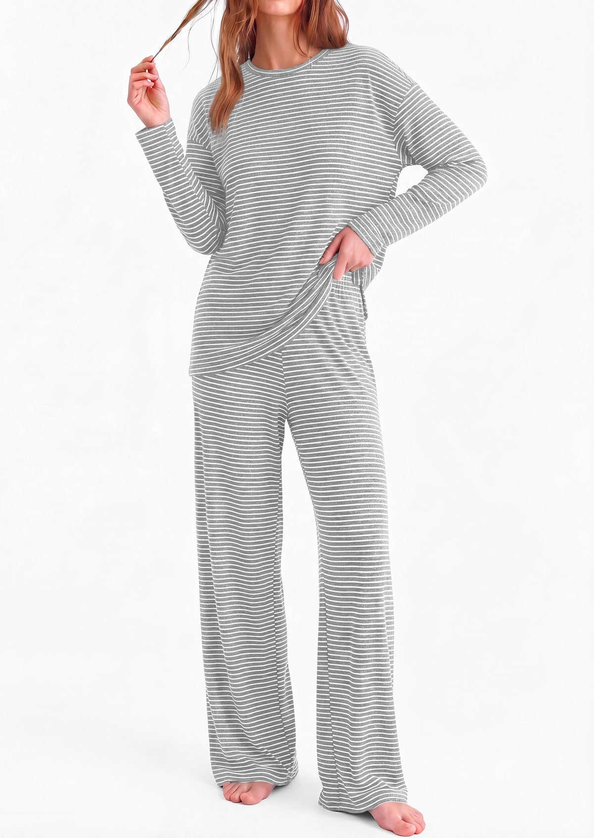 PRETTYGARDEN Womens Striped Lounge Set Fall Winter 2 Piece Sets | Side Slit Long Sleeve T-Shirts & Wide Leg Pants, Matching Pajama Sets, Comfy Pj Set, Loungewear with Pockets, Fashion Clothes