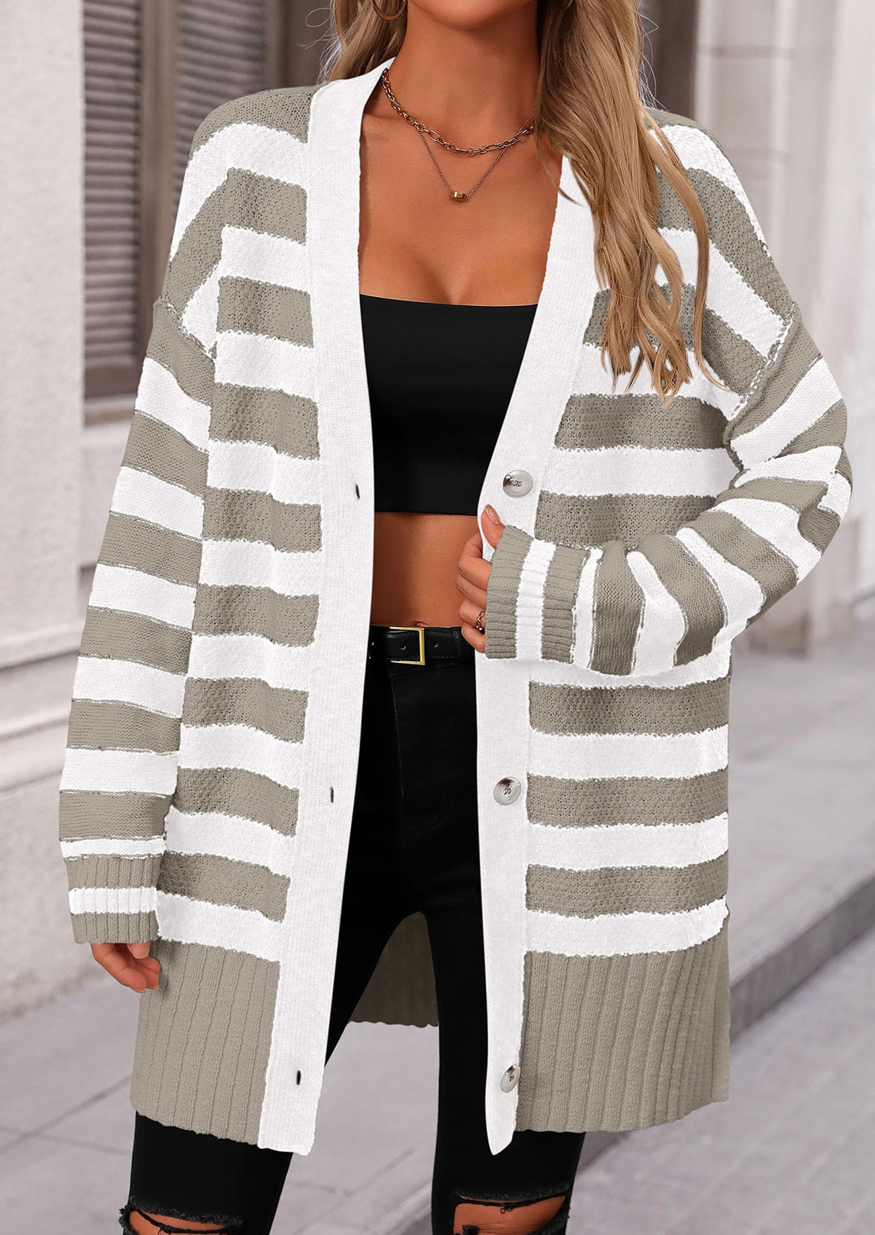 PRETTYGARDEN Women's Winter Striped Cardigan Sweaters Long Sleeve Button Down Open Front Chunky Knit Oversized Sweater Coat