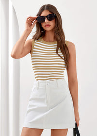 PRETTYGARDEN Summer High Neck Striped Tank Tops for Women Casual Sleeveless Sweaters Basic Ribbed Knit Slim Fitted Shirts PRETTYGARDEN