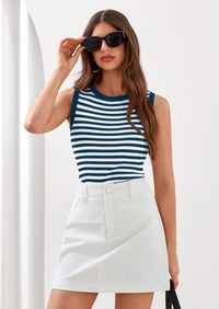 PRETTYGARDEN Summer High Neck Striped Tank Tops for Women Casual Sleeveless Sweaters Basic Ribbed Knit Slim Fitted Shirts PRETTYGARDEN