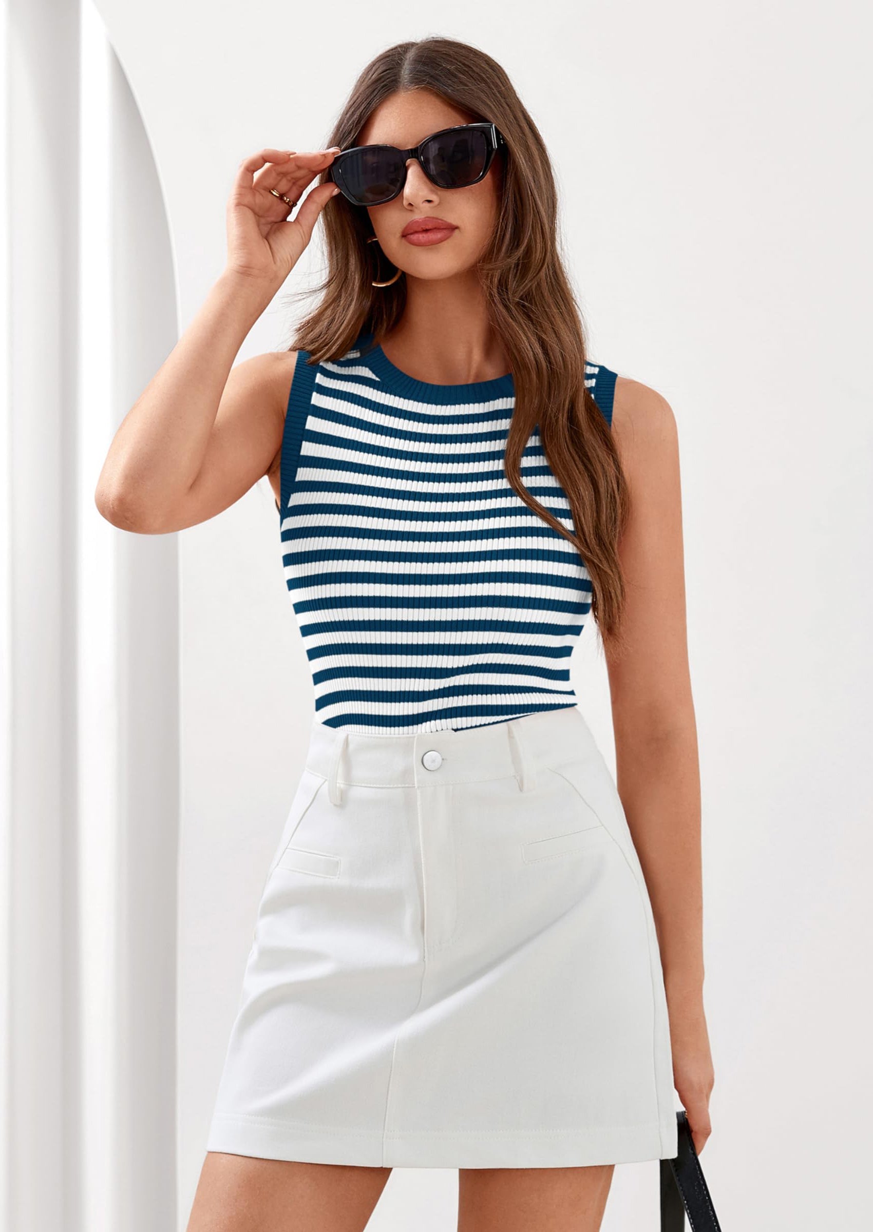 PRETTYGARDEN Summer High Neck Striped Tank Tops for Women Casual Sleeveless Sweaters Basic Ribbed Knit Slim Fitted Shirts PRETTYGARDEN