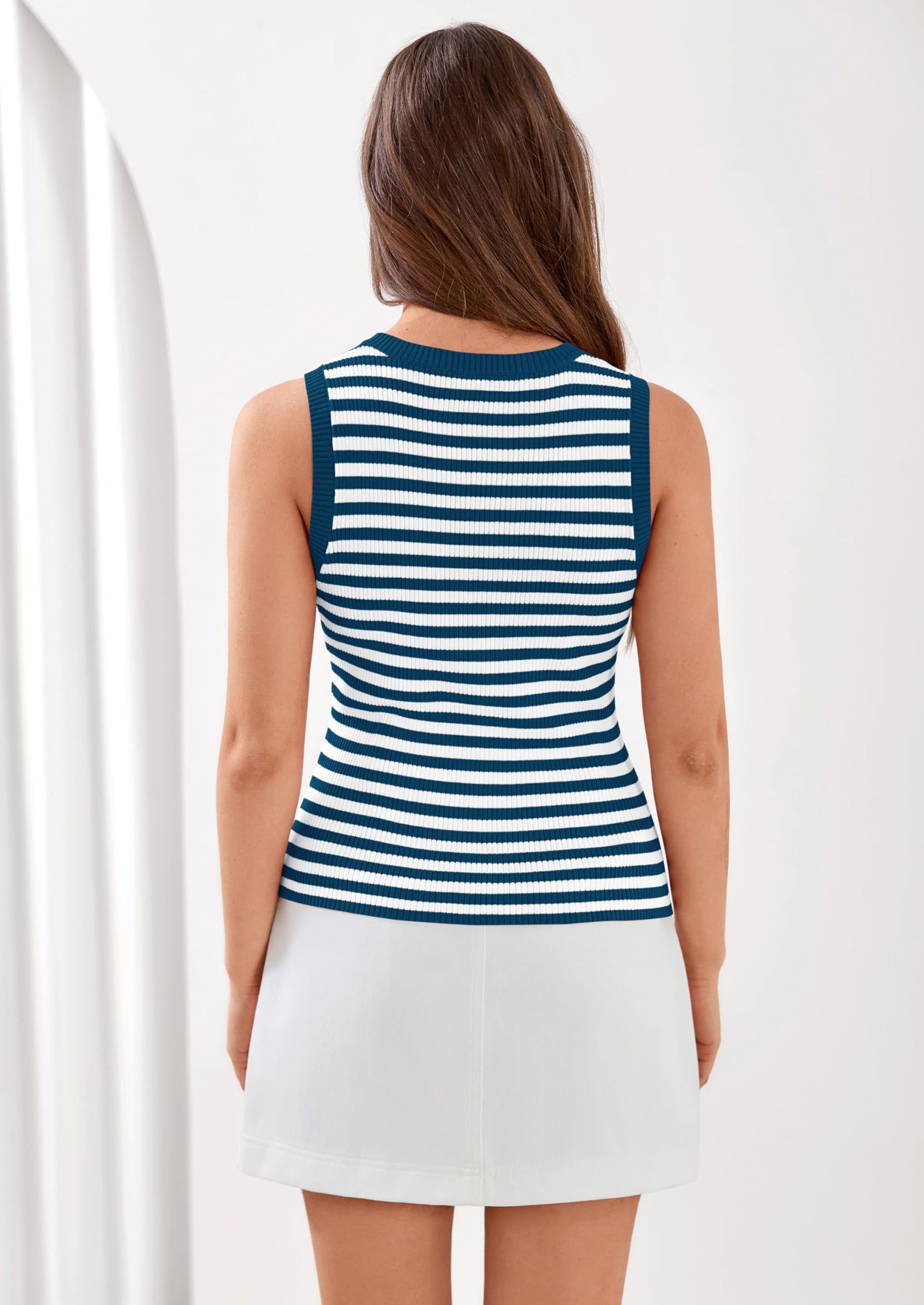 PRETTYGARDEN Summer High Neck Striped Tank Tops for Women Casual Sleeveless Sweaters Basic Ribbed Knit Slim Fitted Shirts PRETTYGARDEN