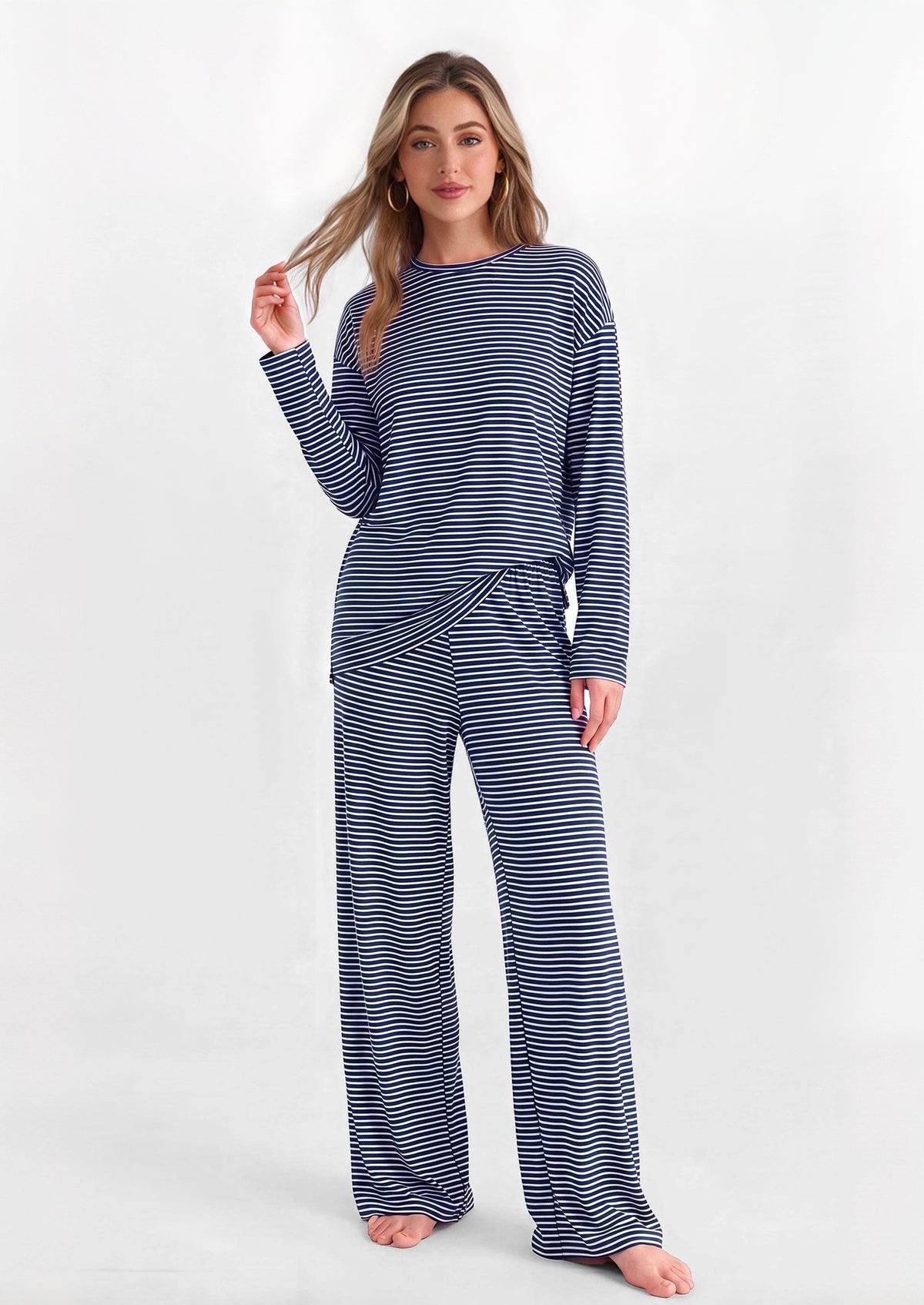 PRETTYGARDEN Womens Striped Lounge Set Fall Winter 2 Piece Sets | Side Slit Long Sleeve T-Shirts & Wide Leg Pants, Matching Pajama Sets, Comfy Pj Set, Loungewear with Pockets, Fashion Clothes