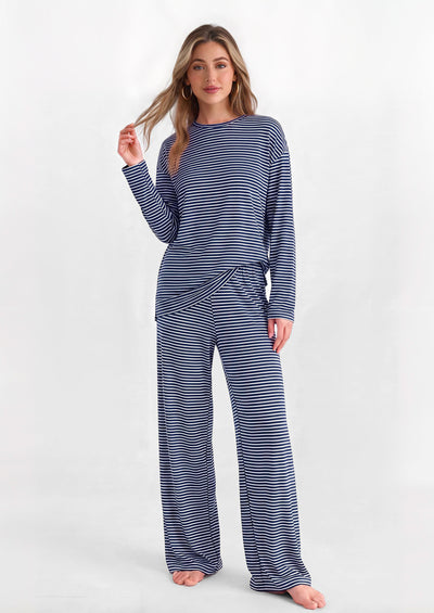 PRETTYGARDEN Womens Striped Lounge Set Fall Winter 2 Piece Sets | Side Slit Long Sleeve T-Shirts & Wide Leg Pants, Matching Pajama Sets, Comfy Pj Set, Loungewear with Pockets, Fashion Clothes