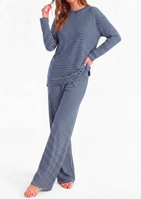 PRETTYGARDEN Womens Striped Lounge Set Fall Winter 2 Piece Sets | Side Slit Long Sleeve T-Shirts & Wide Leg Pants, Matching Pajama Sets, Comfy Pj Set, Loungewear with Pockets, Fashion Clothes