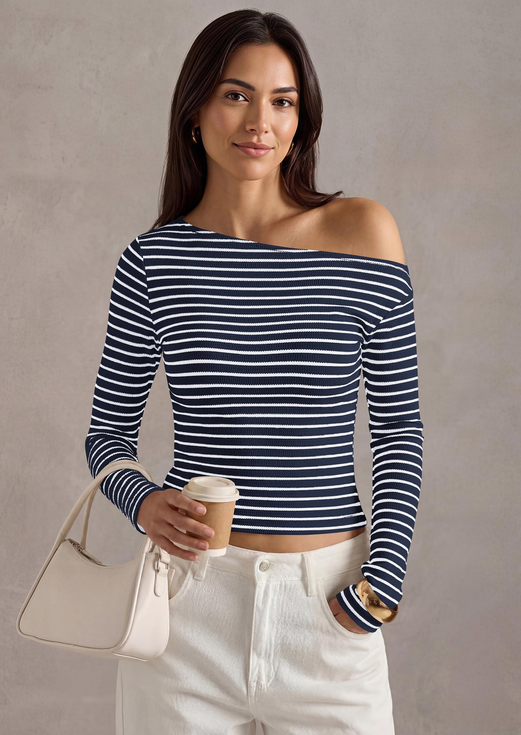 PRETTYGARDEN Womens Tops Fall Off The Shoulder Long Sleeve Shirts Striped Fitted Y2K T-Shirt Going Out Crop Top
