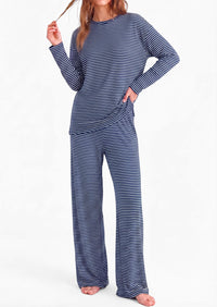 PRETTYGARDEN Womens Striped Lounge Set Fall Winter 2 Piece Sets | Side Slit Long Sleeve T-Shirts & Wide Leg Pants, Matching Pajama Sets, Comfy Pj Set, Loungewear with Pockets, Fashion Clothes