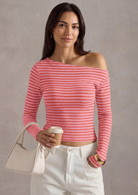 PRETTYGARDEN Womens Tops Fall Off The Shoulder Long Sleeve Shirts Striped Fitted Y2K T-Shirt Going Out Crop Top