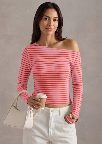 PRETTYGARDEN Womens Tops Fall Off The Shoulder Long Sleeve Shirts Striped Fitted Y2K T-Shirt Going Out Crop Top