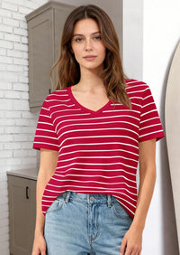 PRETTYGARDEN Short Sleeve Shirts for Women Spring V Neck Cute Tops Casual Striped Shirt Knitted Tees Summer Outfits PRETTYGARDEN