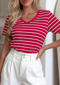 PRETTYGARDEN Short Sleeve Shirts for Women Spring V Neck Cute Tops Casual Striped Shirt Knitted Tees Summer Outfits PRETTYGARDEN