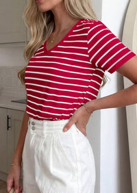 PRETTYGARDEN Short Sleeve Shirts for Women Spring V Neck Cute Tops Casual Striped Shirt Knitted Tees Summer Outfits PRETTYGARDEN