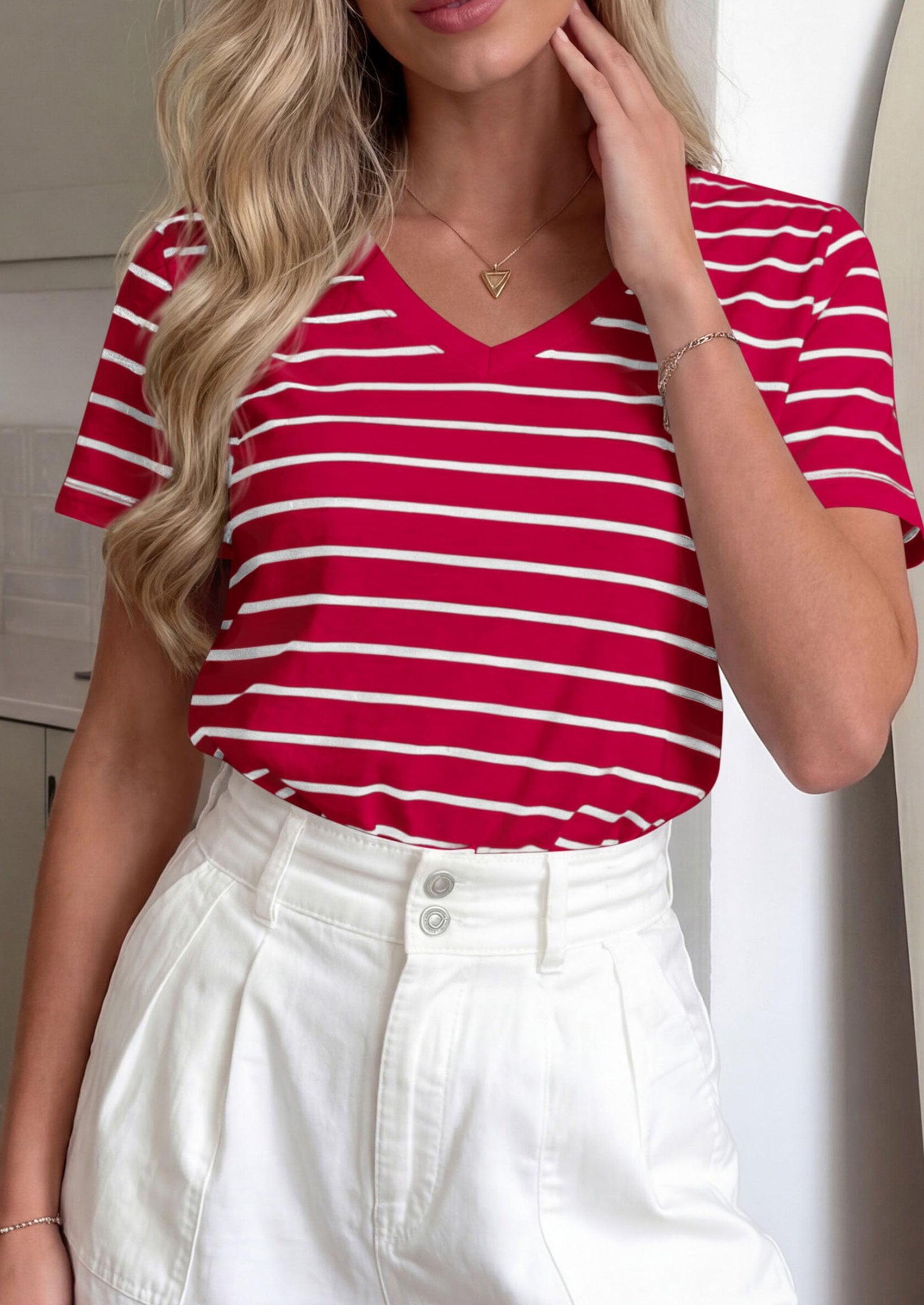 PRETTYGARDEN Short Sleeve Shirts for Women Spring V Neck Cute Tops Casual Striped Shirt Knitted Tees Summer Outfits PRETTYGARDEN