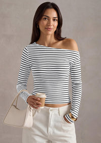 PRETTYGARDEN Womens Tops Fall Off The Shoulder Long Sleeve Shirts Striped Fitted Y2K T-Shirt Going Out Crop Top
