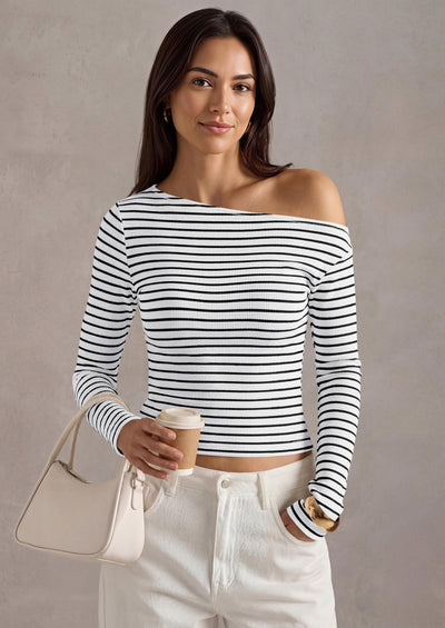 PRETTYGARDEN Womens Tops Fall Off The Shoulder Long Sleeve Shirts Striped Fitted Y2K T-Shirt Going Out Crop Top