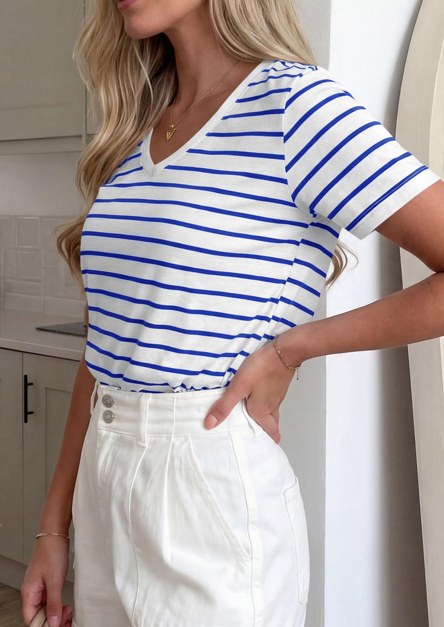 PRETTYGARDEN Short Sleeve Shirts for Women Spring V Neck Cute Tops Casual Striped Shirt Knitted Tees Summer Outfits PRETTYGARDEN