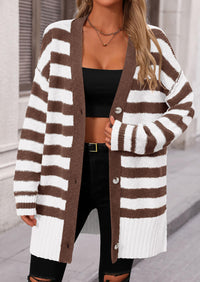 PRETTYGARDEN Women's Winter Striped Cardigan Sweaters Long Sleeve Button Down Open Front Chunky Knit Oversized Sweater Coat