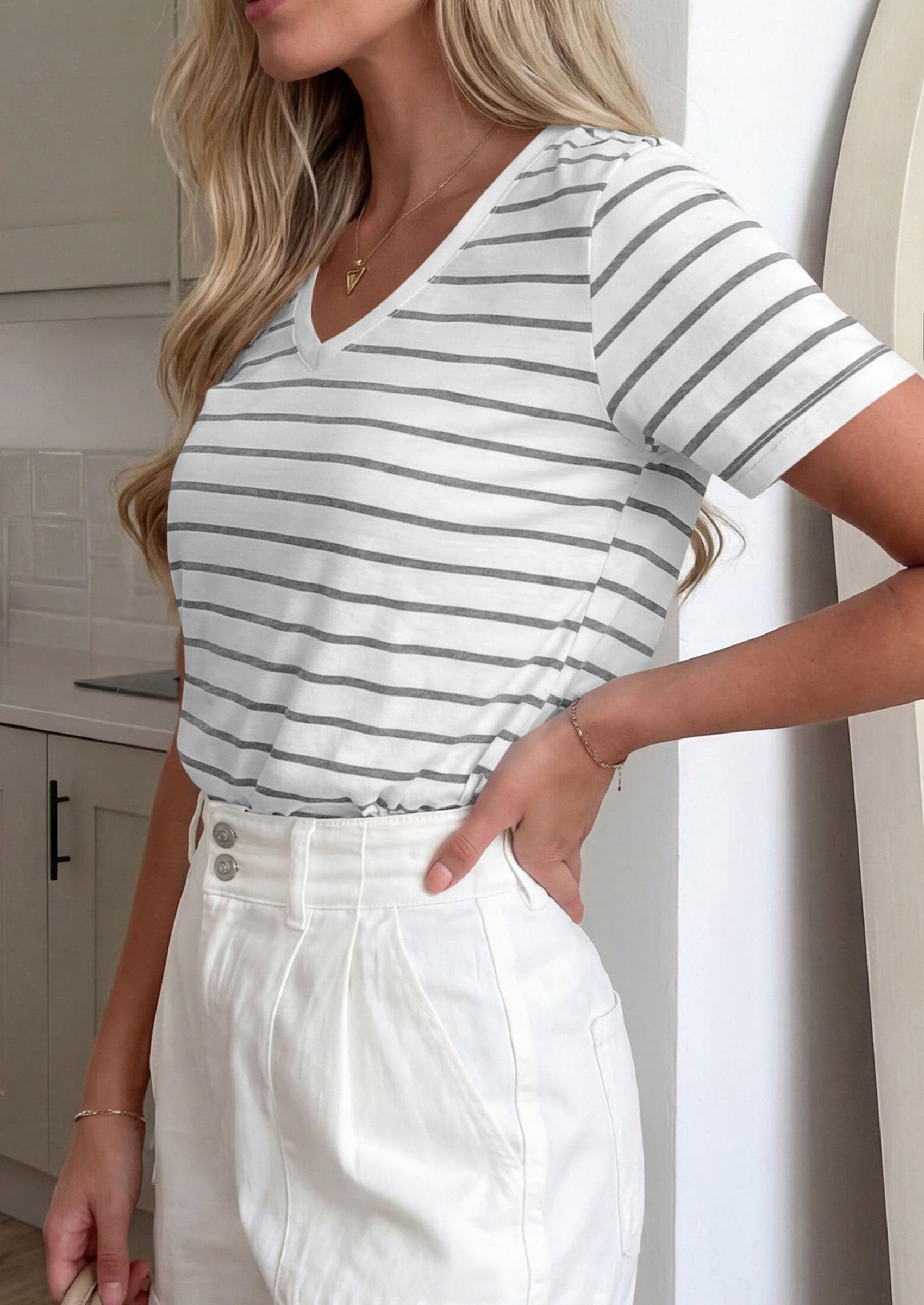 PRETTYGARDEN Short Sleeve Shirts for Women Spring V Neck Cute Tops Casual Striped Shirt Knitted Tees Summer Outfits PRETTYGARDEN