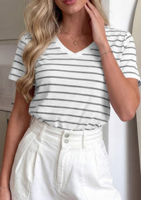 PRETTYGARDEN Short Sleeve Shirts for Women Spring V Neck Cute Tops Casual Striped Shirt Knitted Tees Summer Outfits PRETTYGARDEN