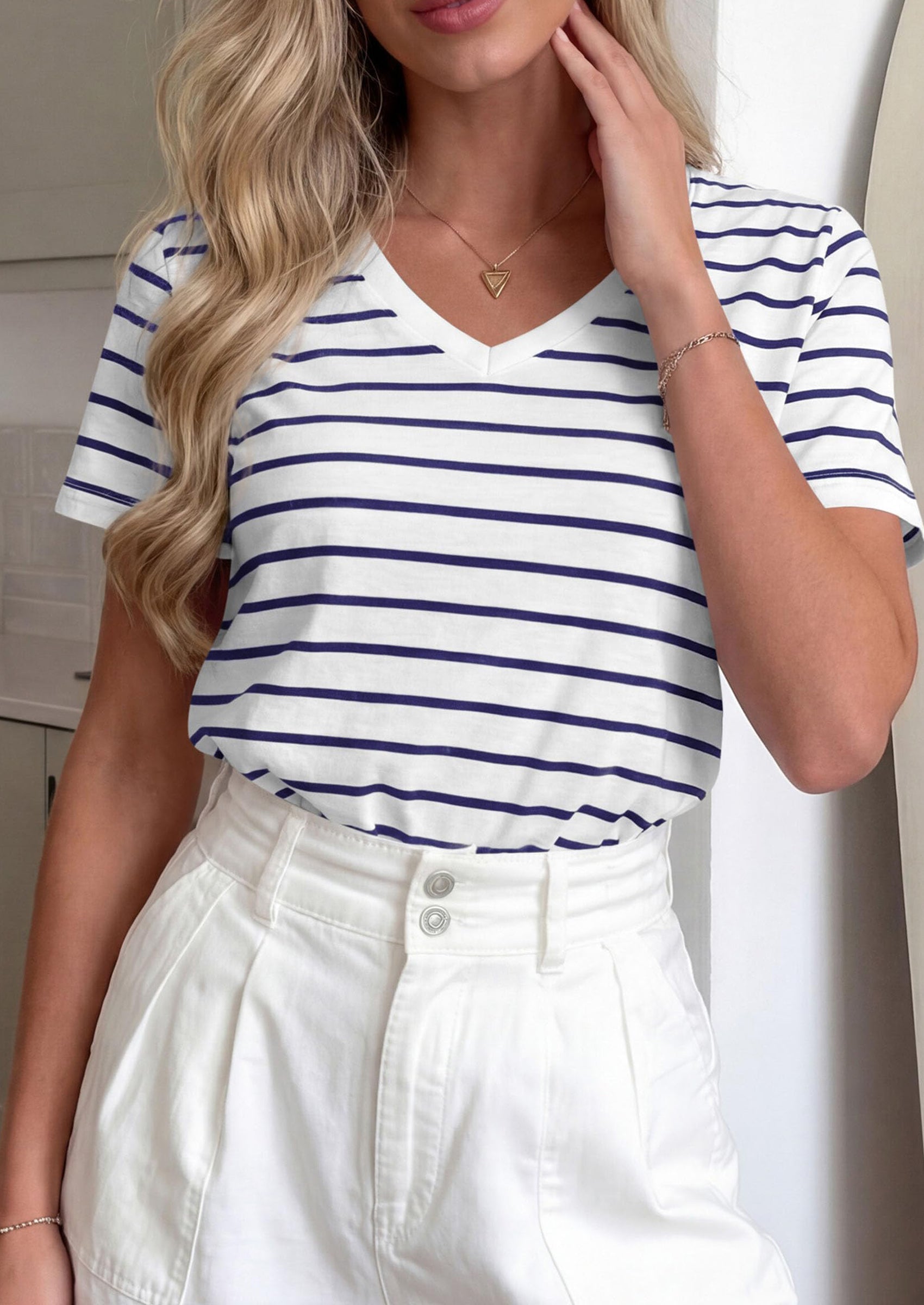 PRETTYGARDEN Short Sleeve Shirts for Women Spring V Neck Cute Tops Casual Striped Shirt Knitted Tees Summer Outfits PRETTYGARDEN