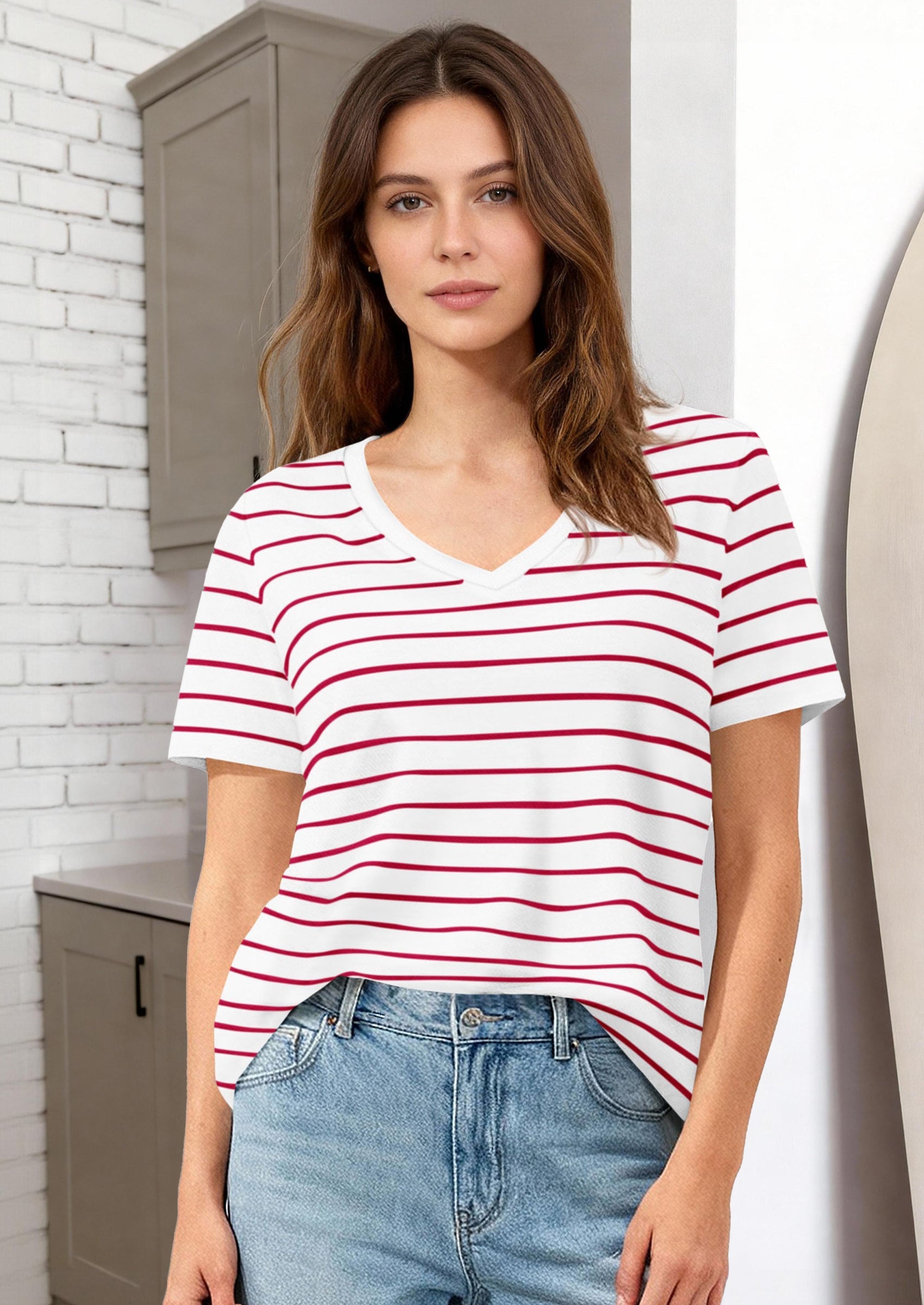 PRETTYGARDEN Short Sleeve Shirts for Women Spring V Neck Cute Tops Casual Striped Shirt Knitted Tees Summer Outfits PRETTYGARDEN