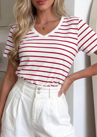 PRETTYGARDEN Short Sleeve Shirts for Women Spring V Neck Cute Tops Casual Striped Shirt Knitted Tees Summer Outfits PRETTYGARDEN