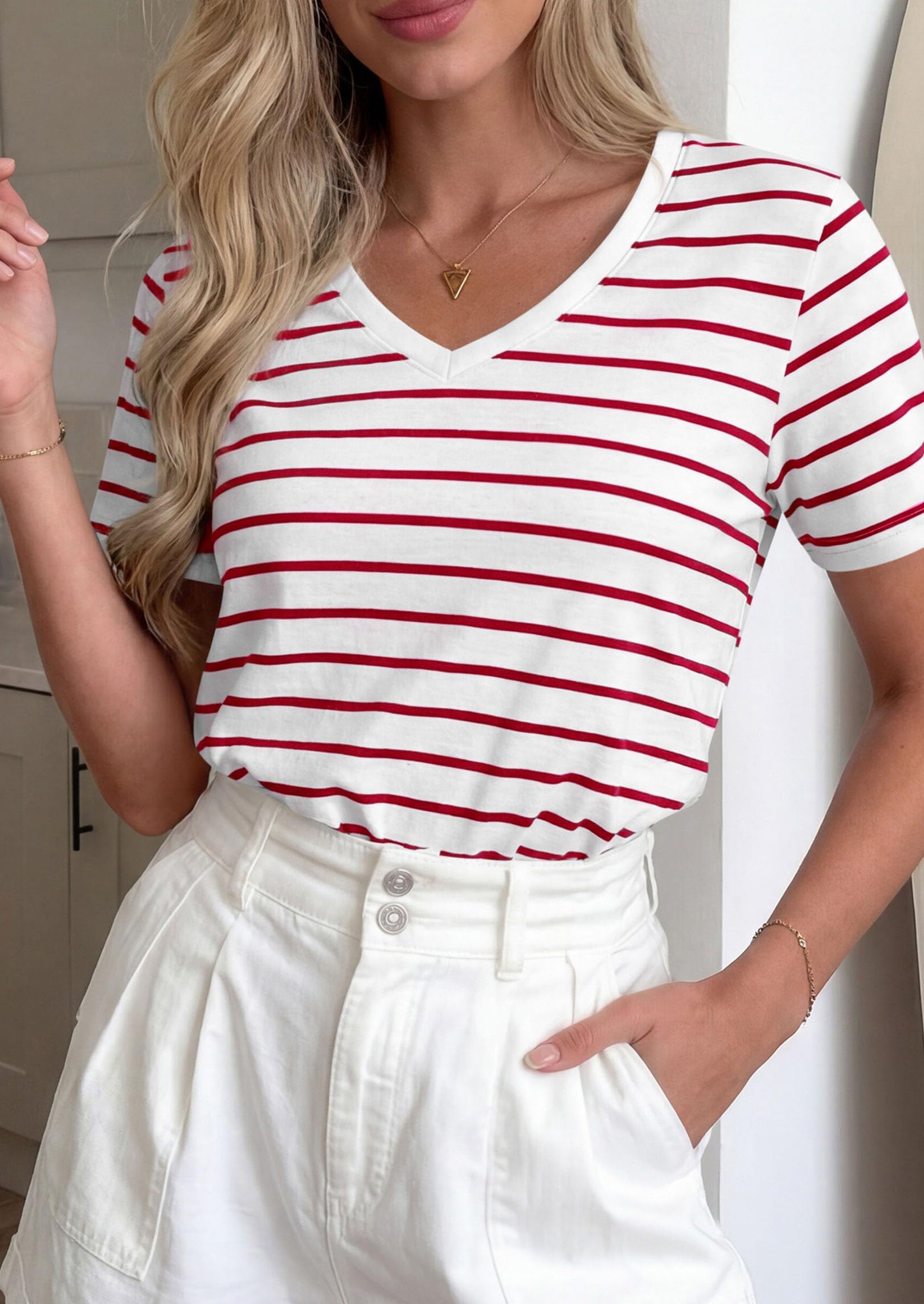 PRETTYGARDEN Short Sleeve Shirts for Women Spring V Neck Cute Tops Casual Striped Shirt Knitted Tees Summer Outfits PRETTYGARDEN
