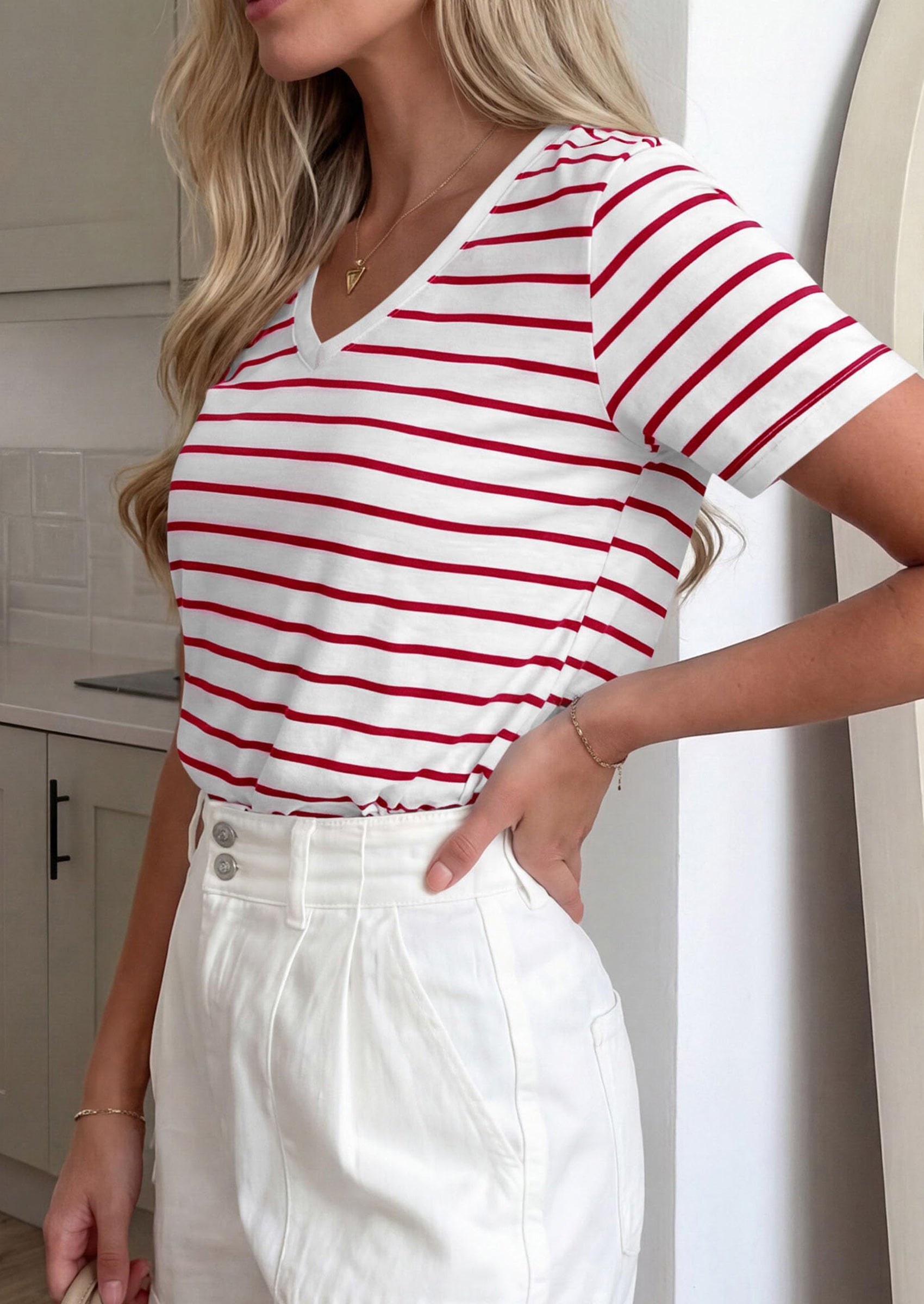 PRETTYGARDEN Short Sleeve Shirts for Women Spring V Neck Cute Tops Casual Striped Shirt Knitted Tees Summer Outfits PRETTYGARDEN