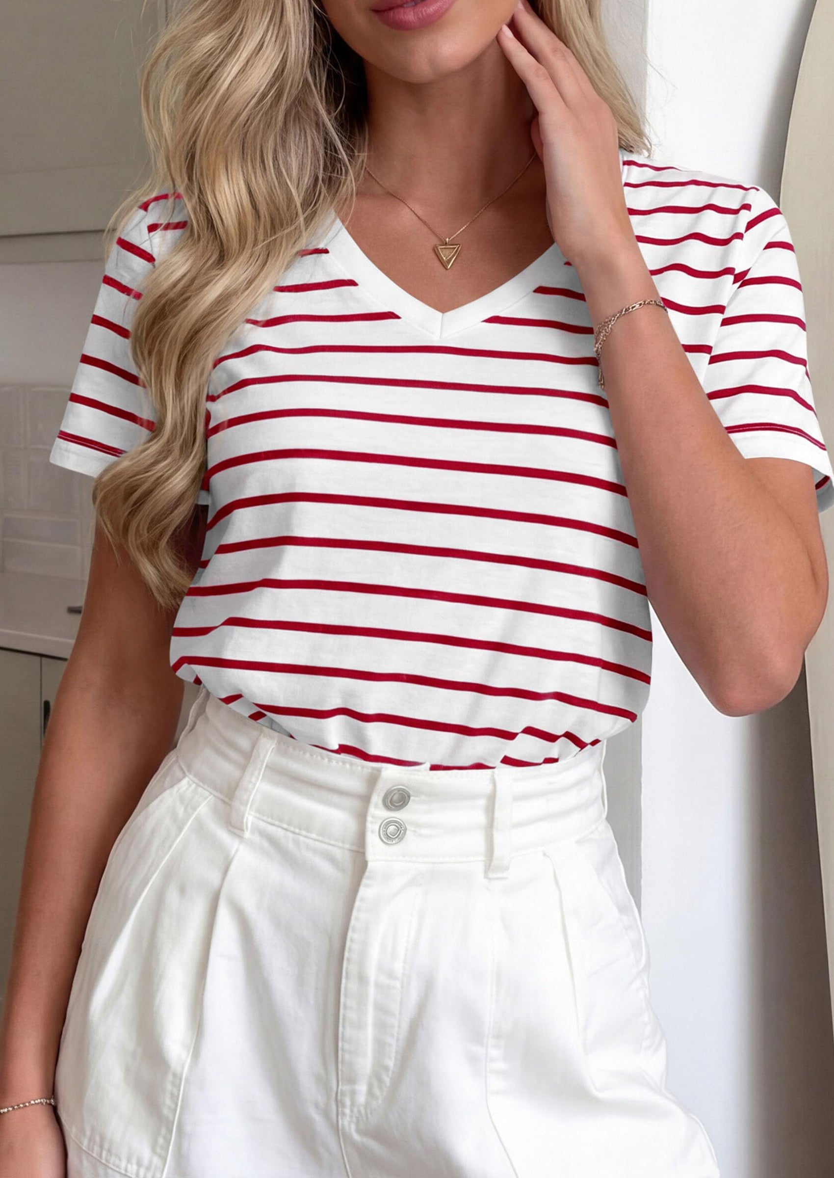 PRETTYGARDEN Short Sleeve Shirts for Women Spring V Neck Cute Tops Casual Striped Shirt Knitted Tees Summer Outfits PRETTYGARDEN