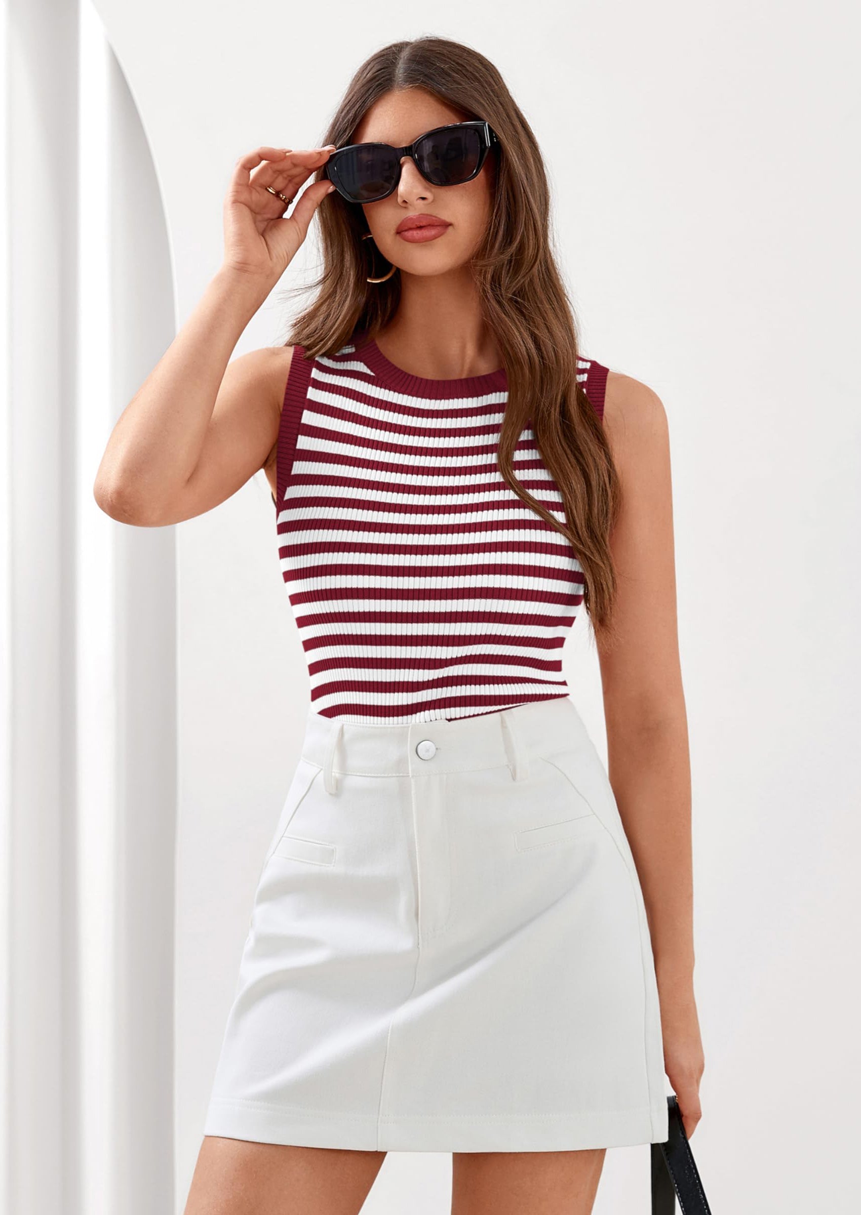 PRETTYGARDEN Summer High Neck Striped Tank Tops for Women Casual Sleeveless Sweaters Basic Ribbed Knit Slim Fitted Shirts PRETTYGARDEN