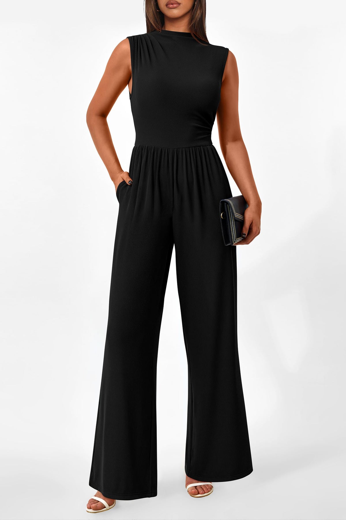 Summer One Piece Sleeveless Mock Neck Wide Leg Pants Rompers With Pockets