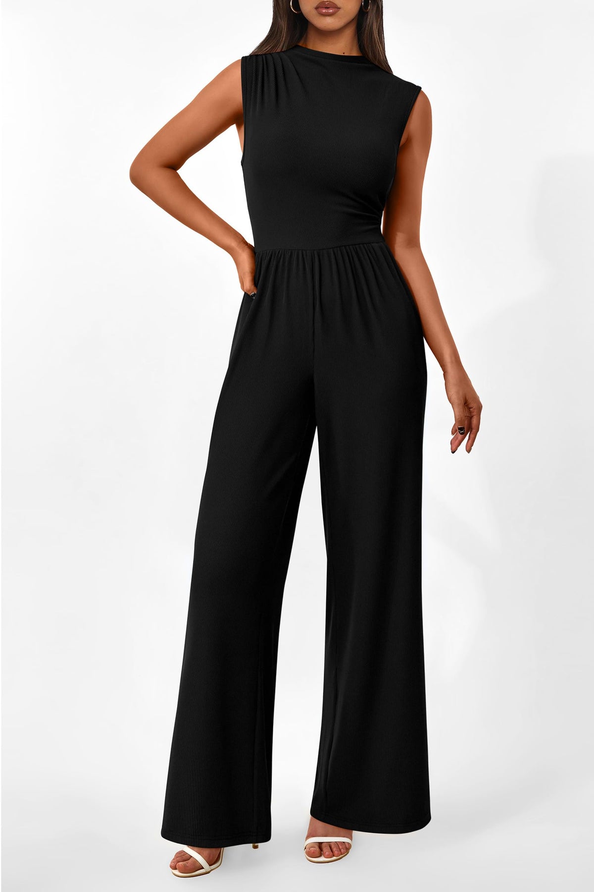 Sleeveless Mock Neck Wide Leg Jumpsuits With Pockets