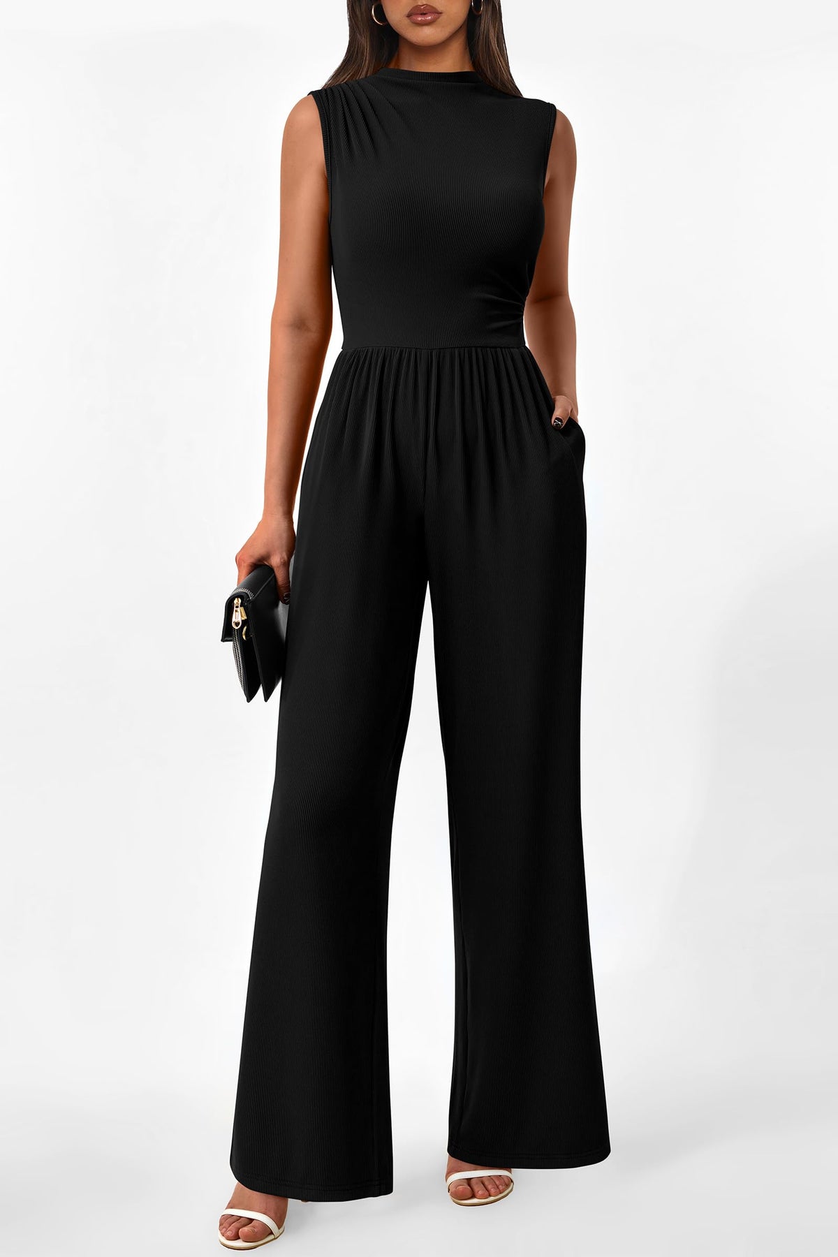 Summer One Piece Sleeveless Mock Neck Wide Leg Pants Rompers With Pockets