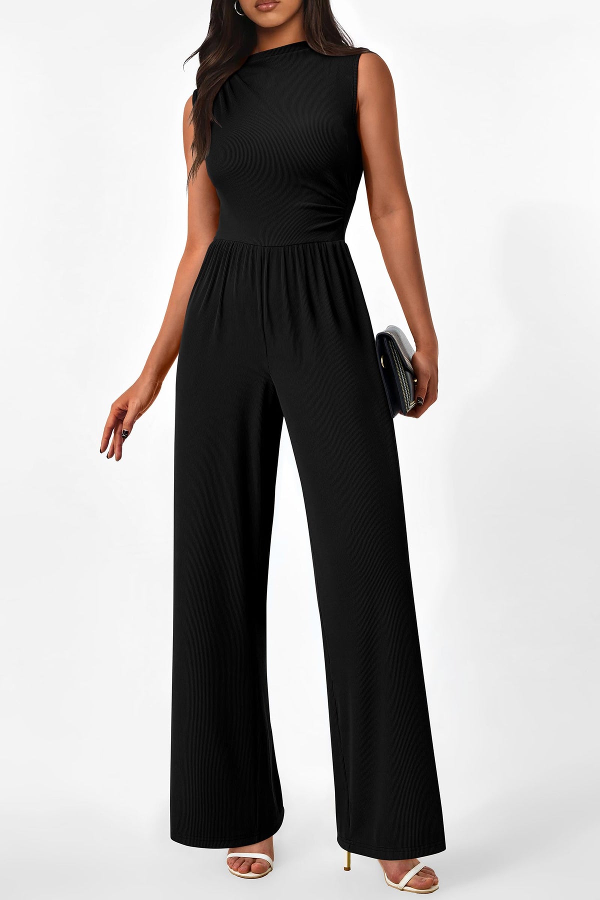 Sleeveless Mock Neck Wide Leg Jumpsuits With Pockets