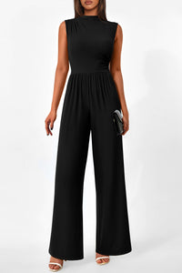 Sleeveless Mock Neck Wide Leg Jumpsuits With Pockets