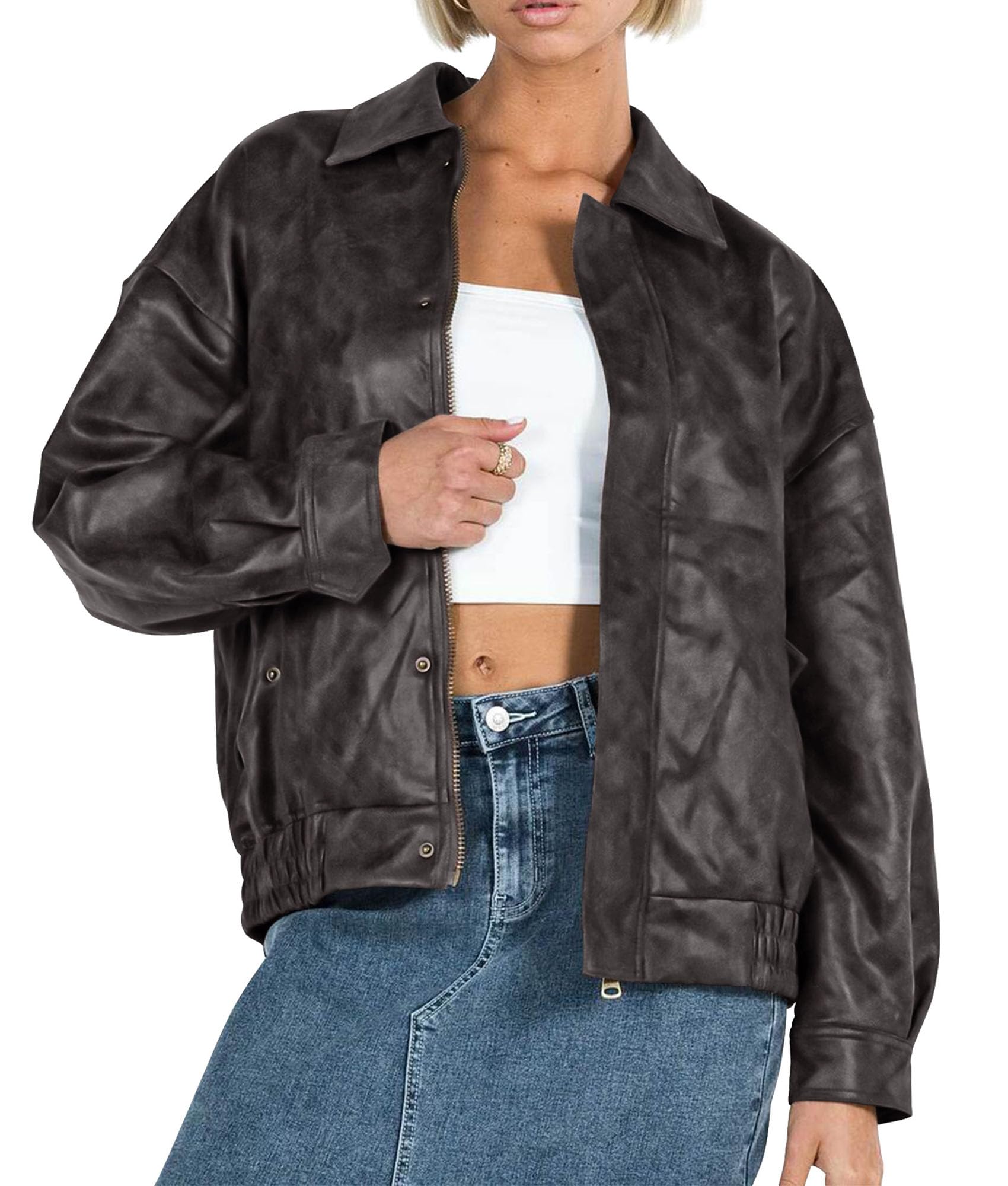 PRETTYGARDEN Women's Faux Leather Motorcycle Jacket Trendy Fall Spring Clothes Oversized Zip Up Winter Coat Outerwear PRETTYGARDEN