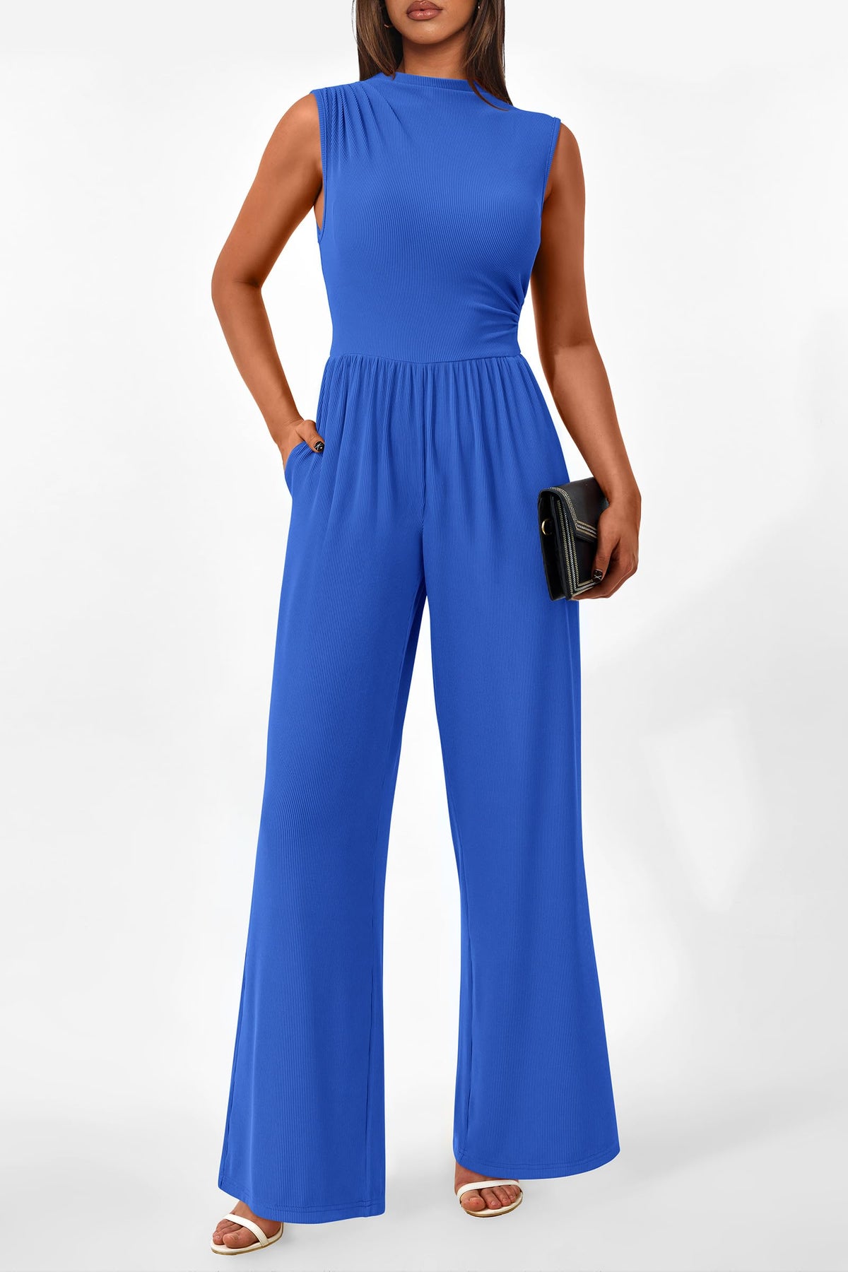 Summer One Piece Sleeveless Mock Neck Wide Leg Pants Rompers With Pockets