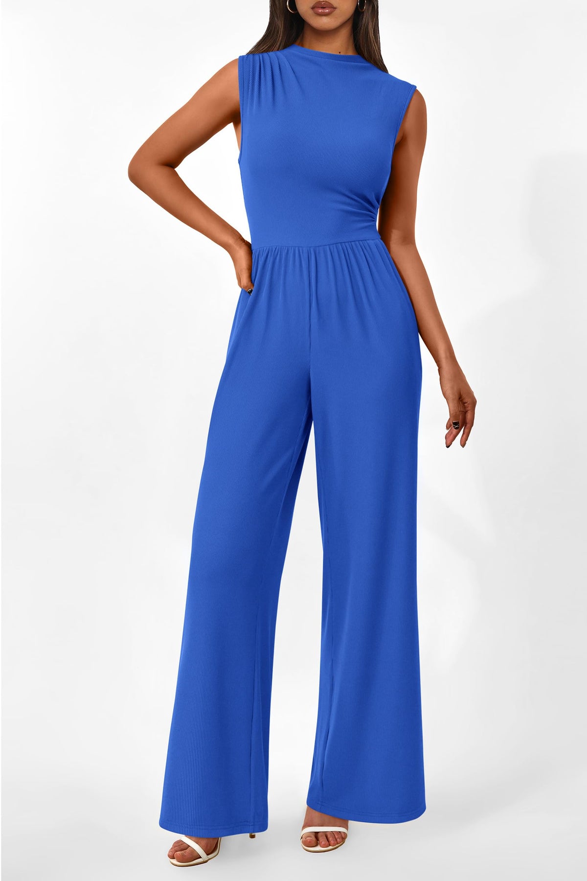 Summer One Piece Sleeveless Mock Neck Wide Leg Pants Rompers With Pockets