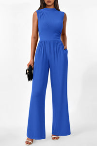 Summer One Piece Sleeveless Mock Neck Wide Leg Pants Rompers With Pockets