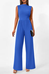 Summer One Piece Sleeveless Mock Neck Wide Leg Pants Rompers With Pockets