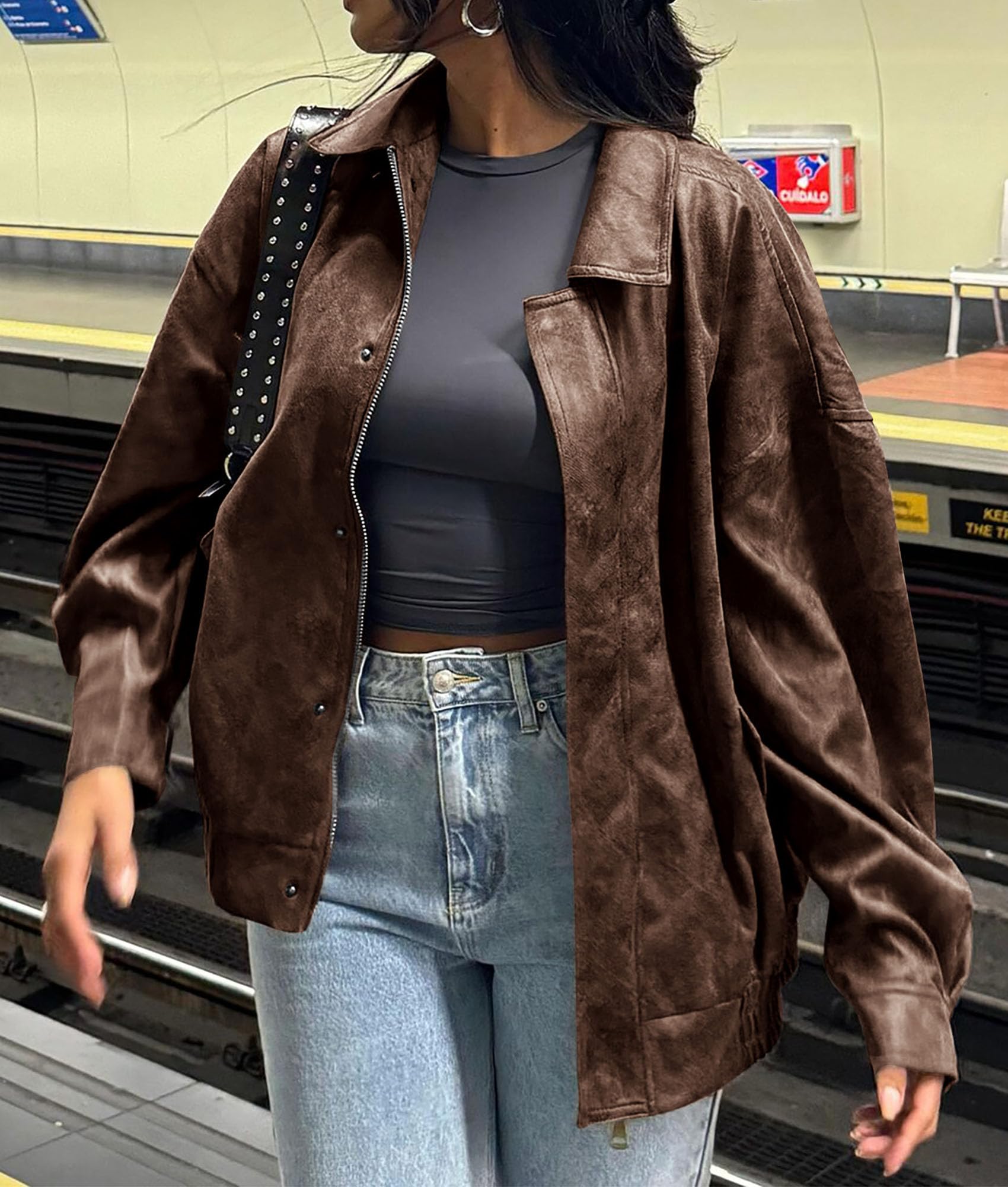 PRETTYGARDEN Women's Faux Leather Motorcycle Jacket Trendy Fall Spring Clothes Oversized Zip Up Winter Coat Outerwear PRETTYGARDEN