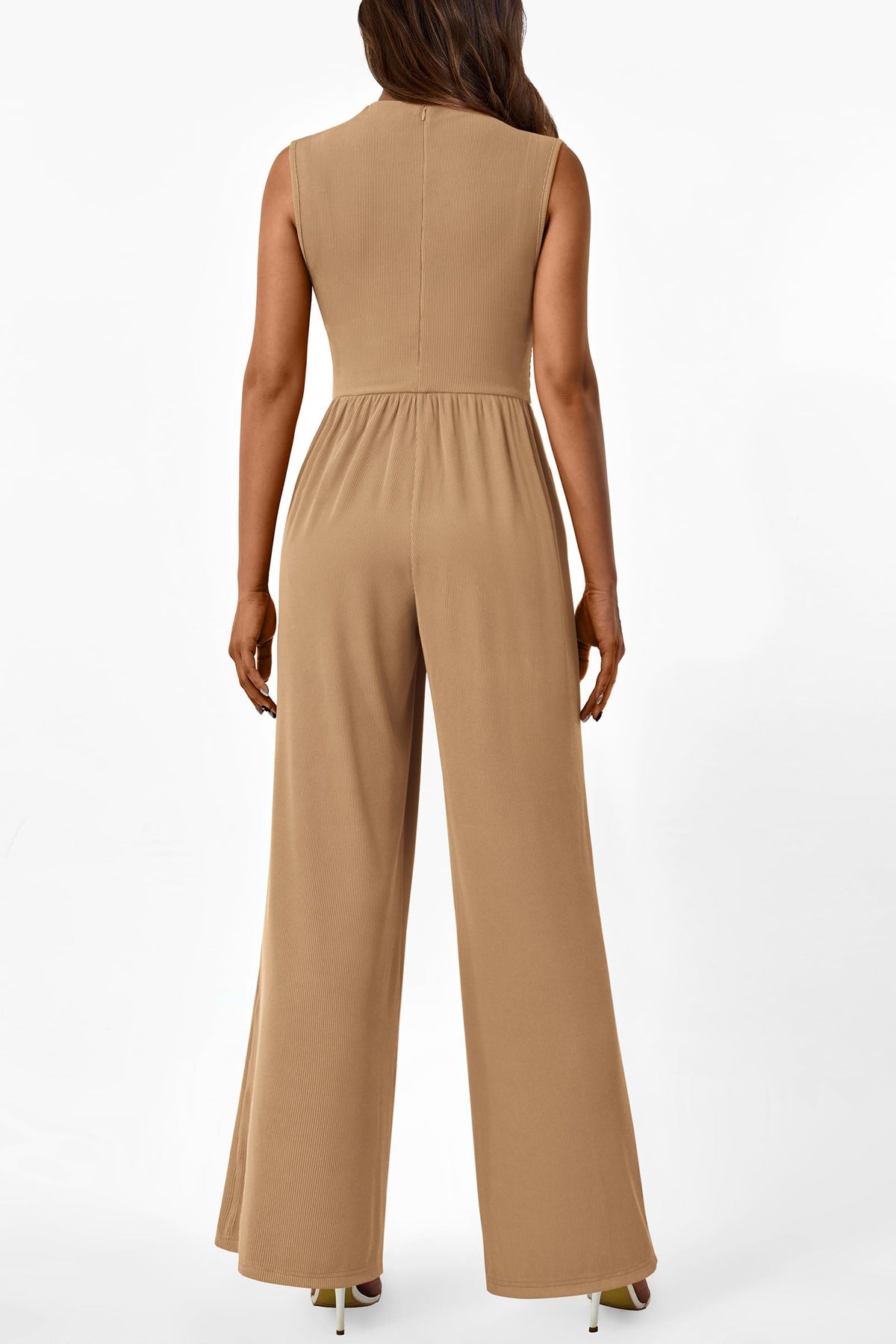 Sleeveless Mock Neck Wide Leg Jumpsuits With Pockets