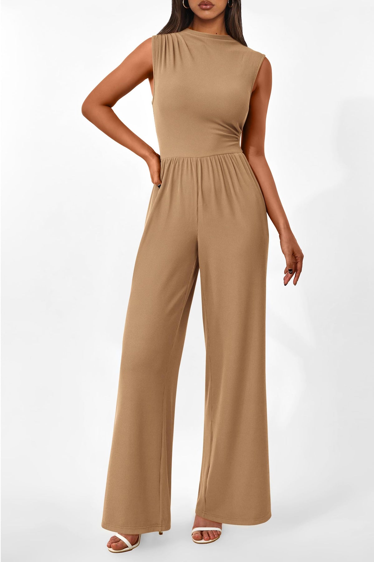 Sleeveless Mock Neck Wide Leg Jumpsuits With Pockets