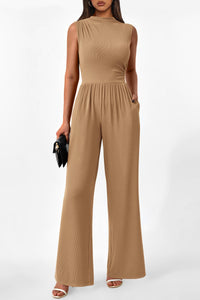 Sleeveless Mock Neck Wide Leg Jumpsuits With Pockets