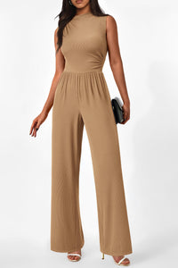 Summer One Piece Sleeveless Mock Neck Wide Leg Pants Rompers With Pockets