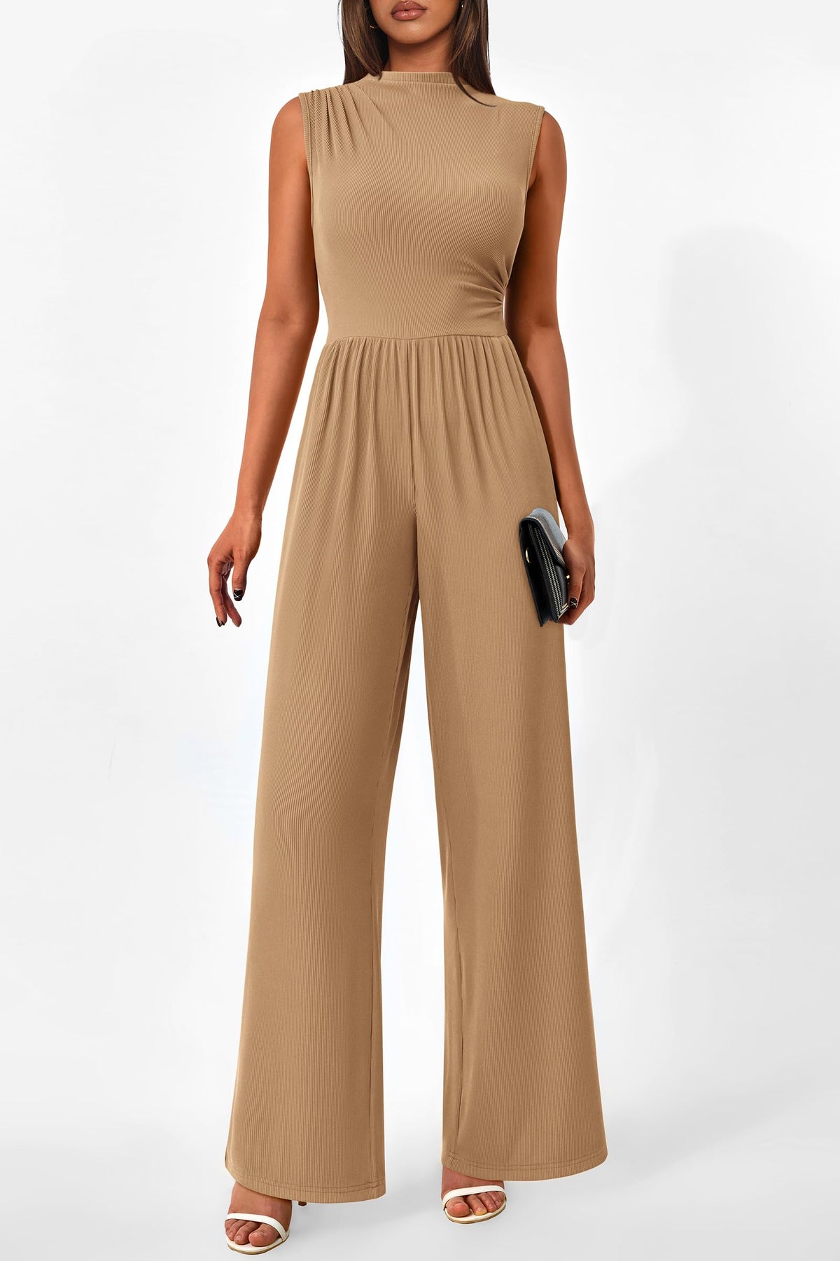 Sleeveless Mock Neck Wide Leg Jumpsuits With Pockets