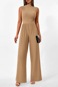 Summer One Piece Sleeveless Mock Neck Wide Leg Pants Rompers With Pockets